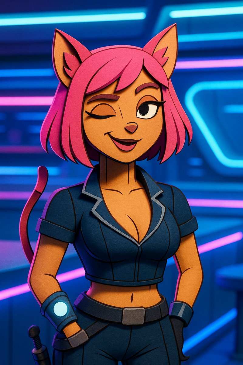 AI-assisted character study of Sandy, a pink-haired cat-like space crew member