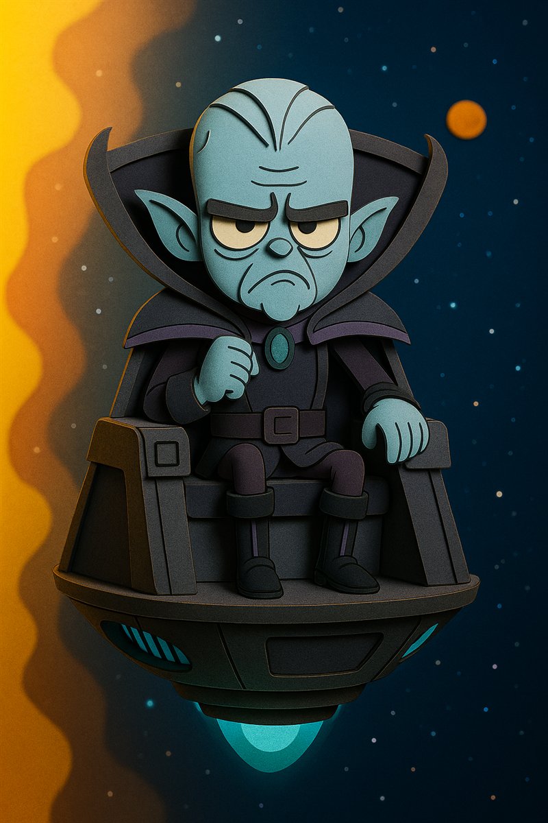 AI-assisted study of a stern blue alien villain seated in a floating chair